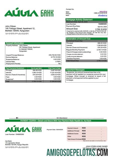imprimível Modelo Word e PDF de extrato de hipoteca do Quirguistão Aiyl Bank